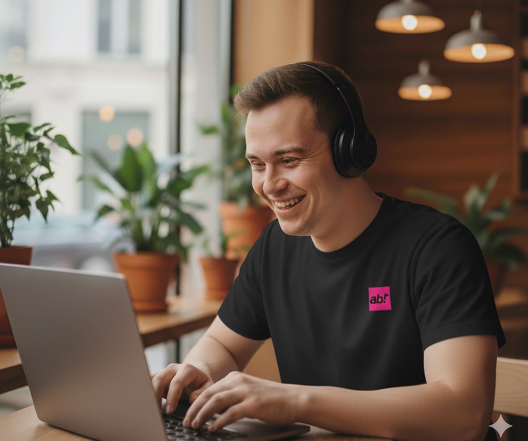 Person mit Kopfhörer sitzt an Laptop, trägt schwarzes T-Shirt der Aktion-Barrierefrei Community.